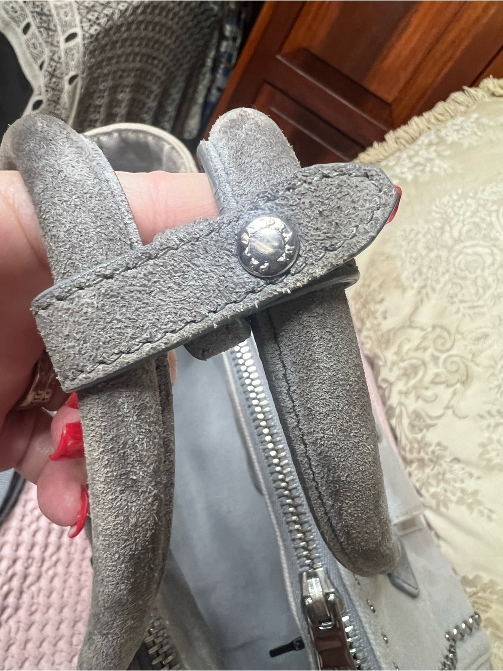 Prada Canapa Studded Crystal Denim Tote Bag Grey Nube B2692H - Picture 12 of 17